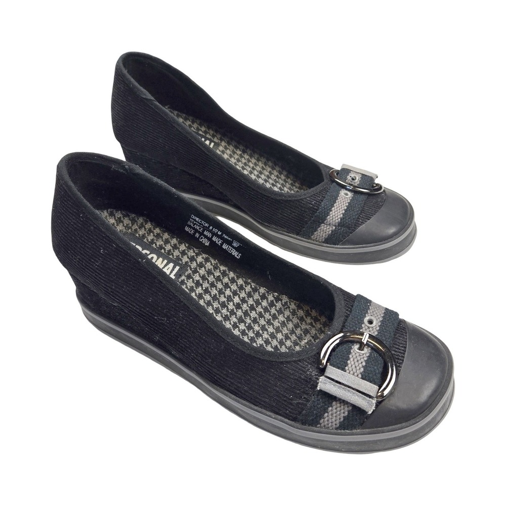 Personal Identity Vintage Y2K 8.5 Black Corduroy Wedge Shoes Buckle Detail Scene